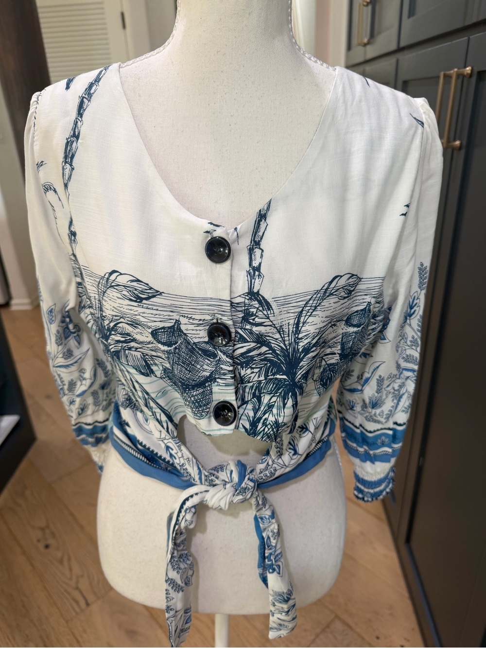 Tie-Front Crop Top in White and Blue